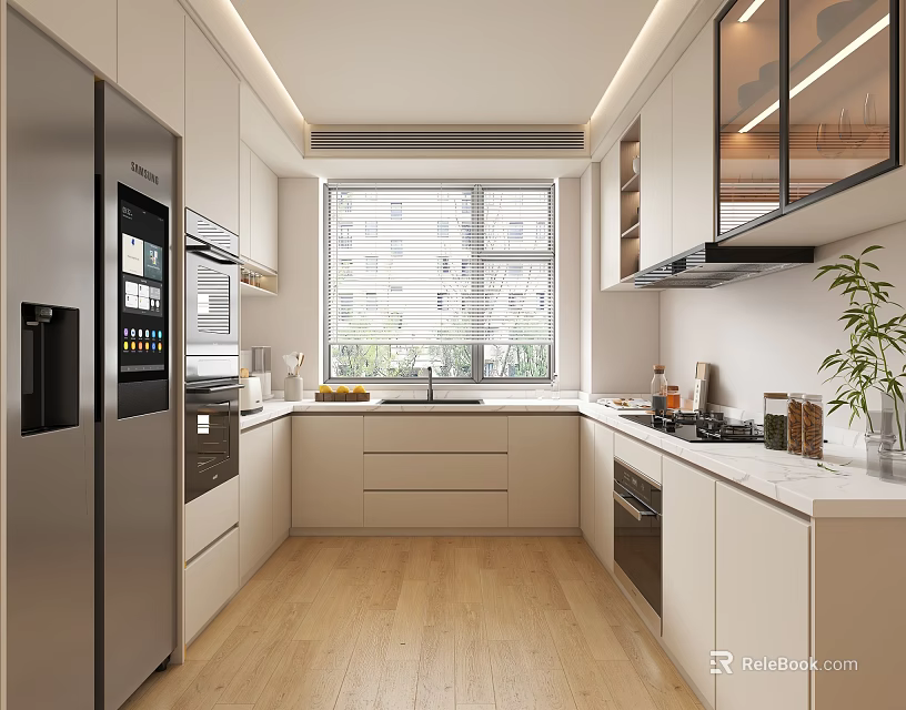 Modern Kitchen Interior With White Cabinets Stainless Steel Refrigerator Wooden Flooring And Window 3d model 