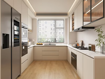 Modern Kitchen Interior With White Cabinets Stainless Steel Refrigerator Wooden Flooring And Window 3d model