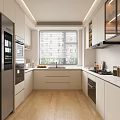 Modern Kitchen Interior With White Cabinets Stainless Steel Refrigerator Wooden Flooring And Window