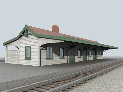 Classic Train Station Platform With White Building Green Eaves Red Roof Brick Chimney And Tracks 3d model