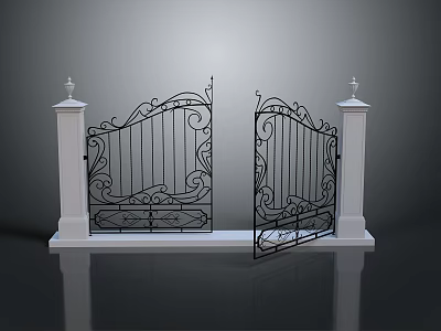 Elegant Ornate Iron Entrance Gate With Decorative Design And White Pillars 3d model