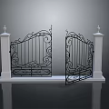 Elegant Ornate Iron Entrance Gate With Decorative Design And White Pillars