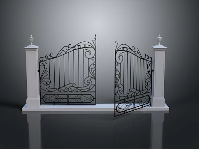Elegant Ornate Iron Entrance Gate With Decorative Design And White Pillars 3d model Elegant Ornate Iron Entrance Gate With Decorative Design And White Pillars 3d model