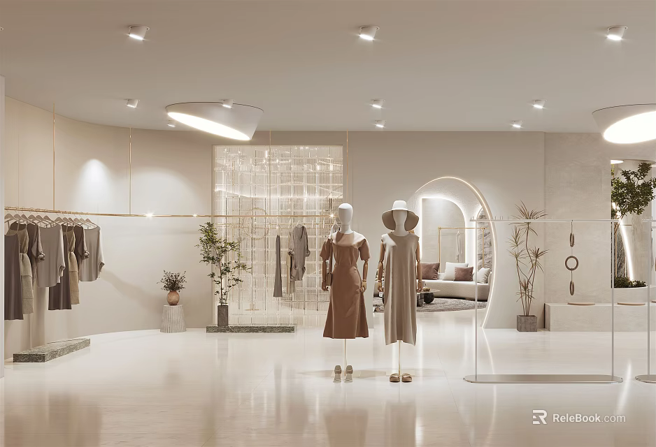 Modern Clothing Store Interior With Mannequins And Clothes On Racks 3d model 