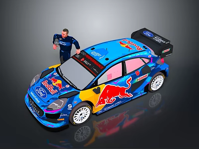 Blue Ford Racing Car With Red Bull Logo And Sponsor Stickers Beside Figure 3d model