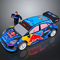 Blue Ford Racing Car With Red Bull Logo And Sponsor Stickers Beside Figure