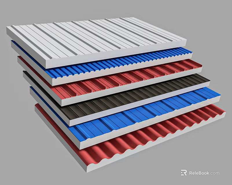 Colorful Corrugated Metal Building Components Stacked With Red Blue Black And White Sheets 3d model 