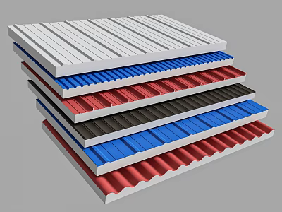Colorful Corrugated Metal Building Components Stacked With Red Blue Black And White Sheets 3d model