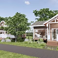 Wooden Guesthouse With White Railings Porch Surrounded By Green Lawn Trees Plants Stone Path Front