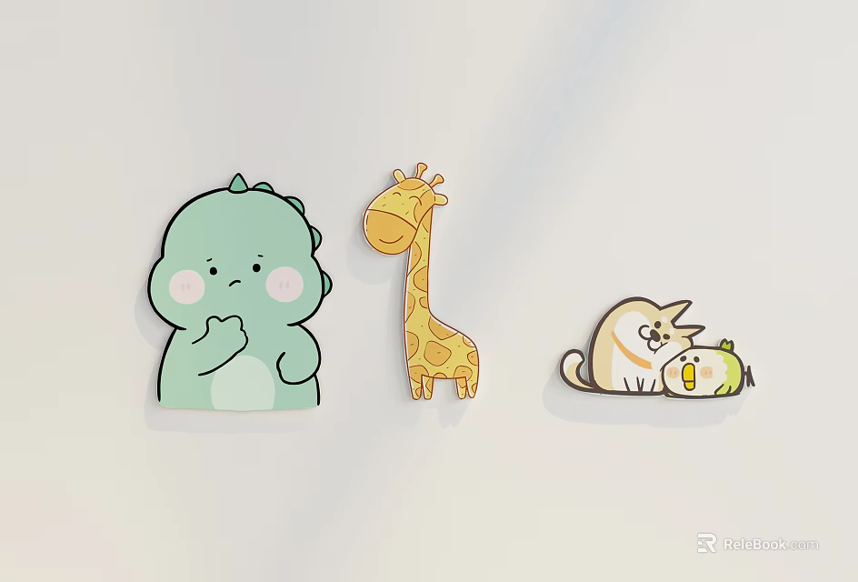 Cute Cartoon Animal Wall Decor Featuring Green Dinosaur Giraffe and Lying Cat 3d model 