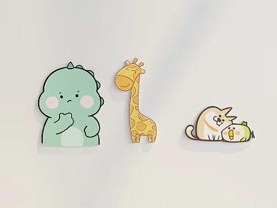 Cute Cartoon Animal Wall Decor Featuring Green Dinosaur Giraffe and Lying Cat 3d model