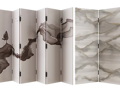 Elegant Modern Folding Screen With Ink Painting Mountain Landscape And Gold Accents 3d model