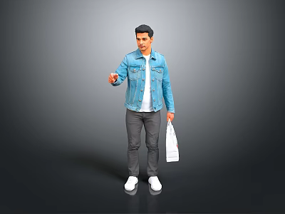 Casual Man In Blue Denim Jacket Holding Shopping Bag With Pointing Hand 3d model