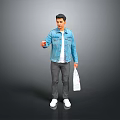 Casual Man In Blue Denim Jacket Holding Shopping Bag With Pointing Hand