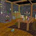 Rustic Interior Space With Stone Fireplace Wooden Table Benches Stone Walls And Wooden Floor
