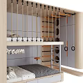 Modern Bunk Bed Interior Design With Upper Railings Lower Mattress And Storage Drawers 3d model