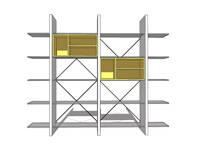 Modern Open Bookshelf Design With Cross Supports Multiple Shelves And Yellow Storage Units 3d model