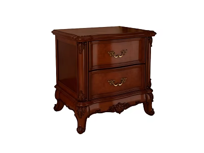 Classic Wooden Bedside Table With Two Drawers Golden Handles And Carved Details 3d model