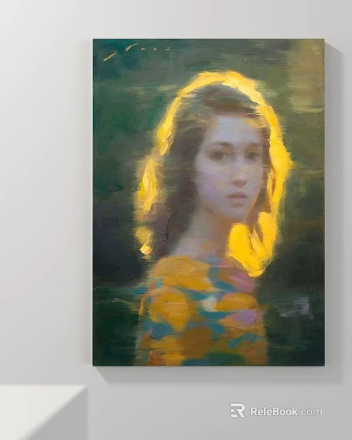 Artistic Female Portrait Painting with Soft Warm Glow and Yellow Colorful Dress 3d model 
