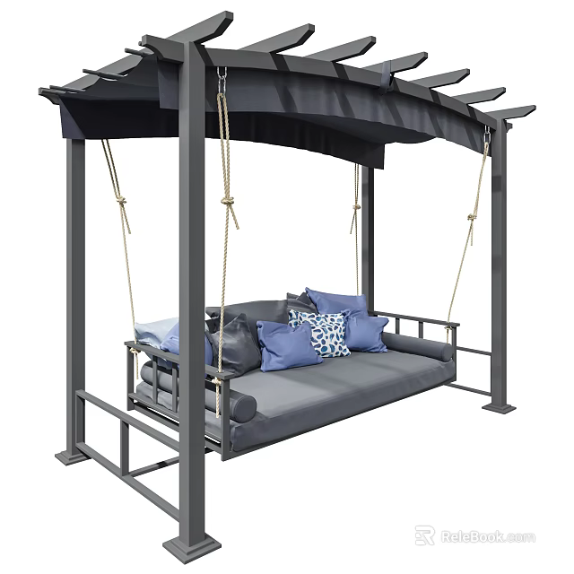 Outdoor Swing With Gray Frame Hanging Ropes Gray Cushions And Blue White Checkered Pillows 3d model 