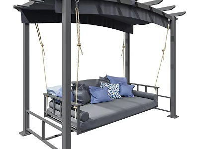 Outdoor Swing With Gray Frame Hanging Ropes Gray Cushions And Blue White Checkered Pillows 3d model