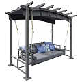 Outdoor Swing With Gray Frame Hanging Ropes Gray Cushions And Blue White Checkered Pillows