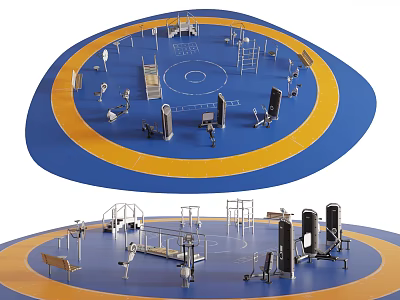 Outdoor Fitness Equipment in Circular Blue and Yellow Area with Various Exercise Machines 3d model