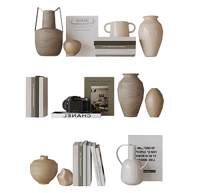 Minimalist Decorative Ornament Set With Ceramic Vases Books Camera And Mugs 3d model