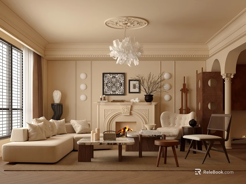 Elegant Living Room Interior With Fireplace Sofa Chandelier And Decorative Art 3d model 
