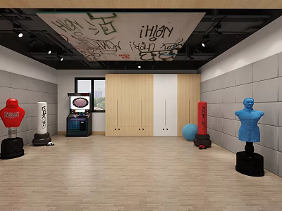 Fitness Training Room With Graffiti Ceiling Punching Bags Boxing Target Exercise Ball And Lockers 3d model