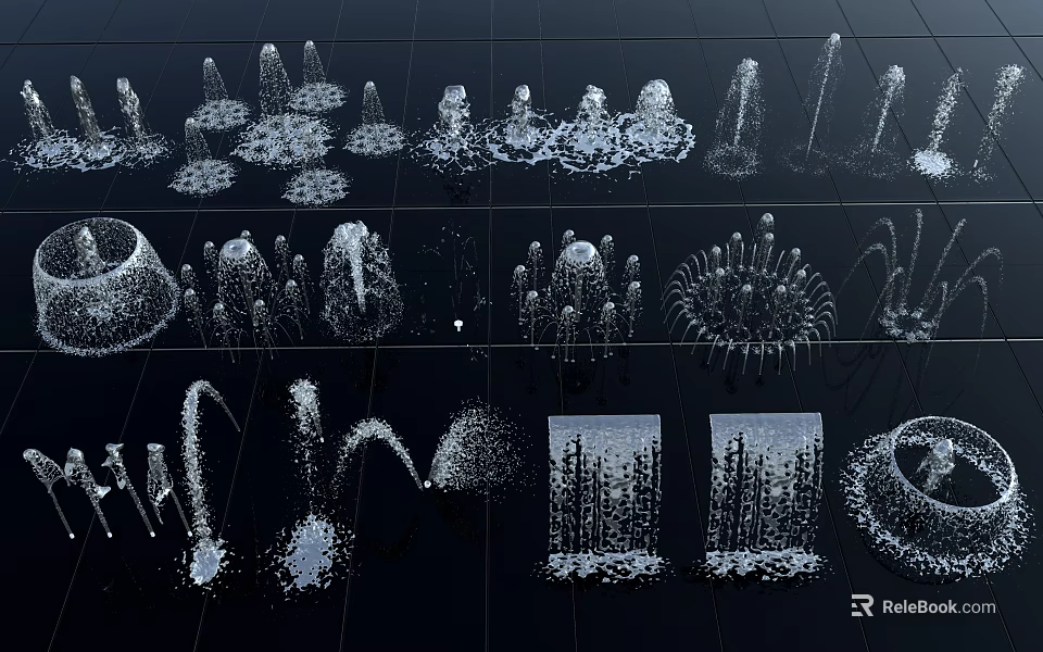 Different Fountain Design Models Showcasing Various Water Spray Shapes And Structures 3d model