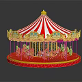 Children Riding Colorful Carousel With Red White Striped Canopy And Golden Decorations