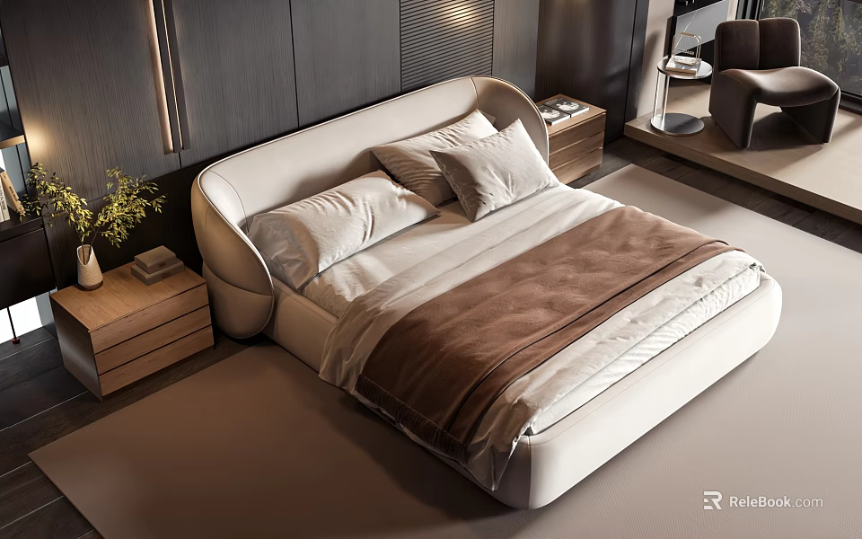 Stylish Modern Double Bed with Curved Headboard White Brown Bedding and Wooden Nightstands 3d model 
