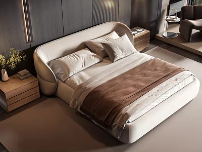 Stylish Modern Double Bed with Curved Headboard White Brown Bedding and Wooden Nightstands 3d model