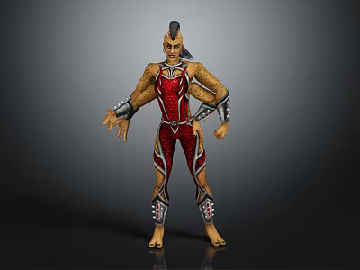 Unique 3D Fantasy Character Creature With Red Armored Outfit Clawed Hands And Mohawk Hairstyle 3d model