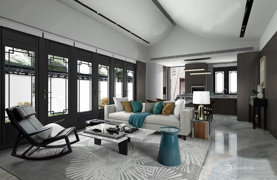 Elegant Modern Living Room Interior With Sofa Pillows Coffee Table Rug And Large Windows 3d model 