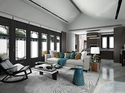 Elegant Modern Living Room Interior With Sofa Pillows Coffee Table Rug And Large Windows 3d model