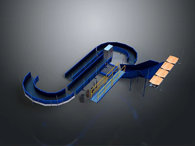 Blue Industrial Conveyor Equipment With Curved Tracks Platforms And Production Line Structures 3d model
