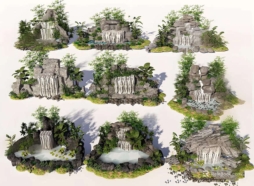 Natural Rockery Stones with Waterfall Small Ponds and Green Plants in Garden Landscape 3d model 