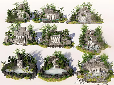 Natural Rockery Stones with Waterfall Small Ponds and Green Plants in Garden Landscape 3d model