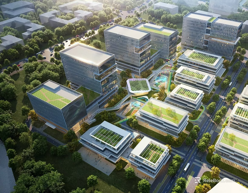 Modern Industrial Park With Green Roofs Modern Buildings And Natural Surroundings 3d model 