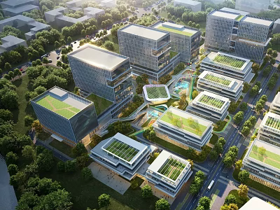 Modern Industrial Park With Green Roofs Modern Buildings And Natural Surroundings 3d model