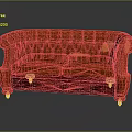 Red Leather Double Sofa with Tufted Curved Armrests Metal Legs and Leaves on Dark Background