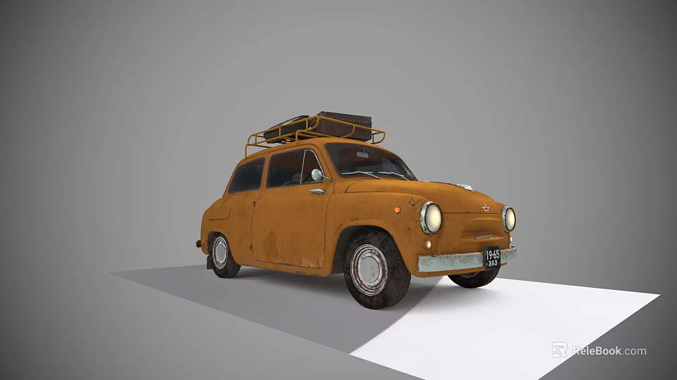 Vintage Brown Automobile With Roof Rack And Luggage On Gray Surface 3d model 