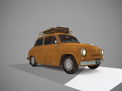 Vintage Brown Automobile With Roof Rack And Luggage On Gray Surface 3d model