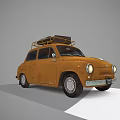 Vintage Brown Automobile With Roof Rack And Luggage On Gray Surface