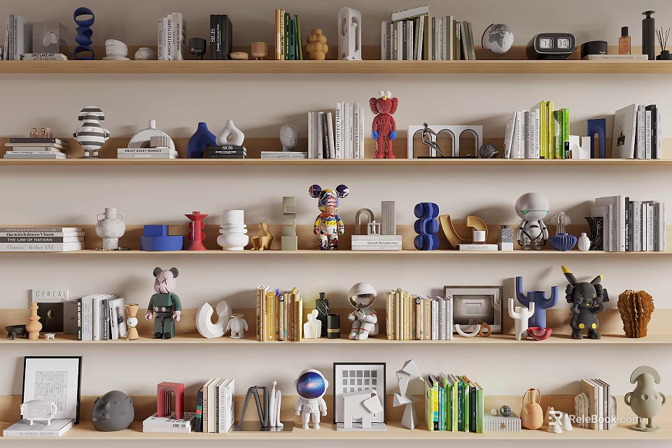 Stylish Decorative Ornaments Set On Wooden Shelves With Books Figurines And Art Pieces 3d model 