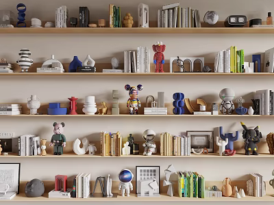 Stylish Decorative Ornaments Set On Wooden Shelves With Books Figurines And Art Pieces 3d model