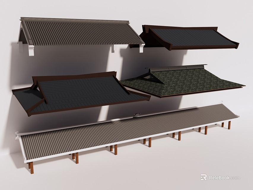 Traditional Roof Components With Various Styles Wooden Supports And Tile Covers 3d model 