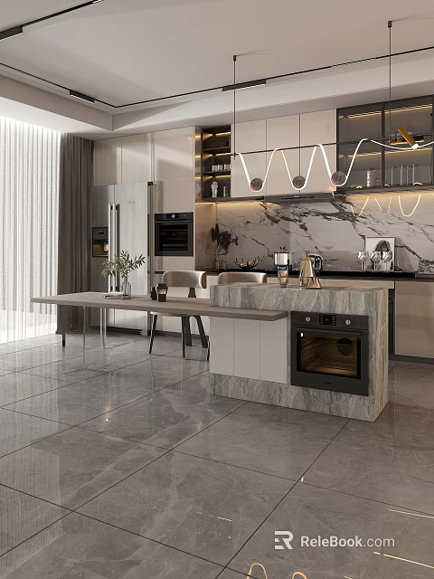 Modern Kitchen Interior Design With Marble Countertop Cabinets Pendant Lights And Dining Chairs 3d model 